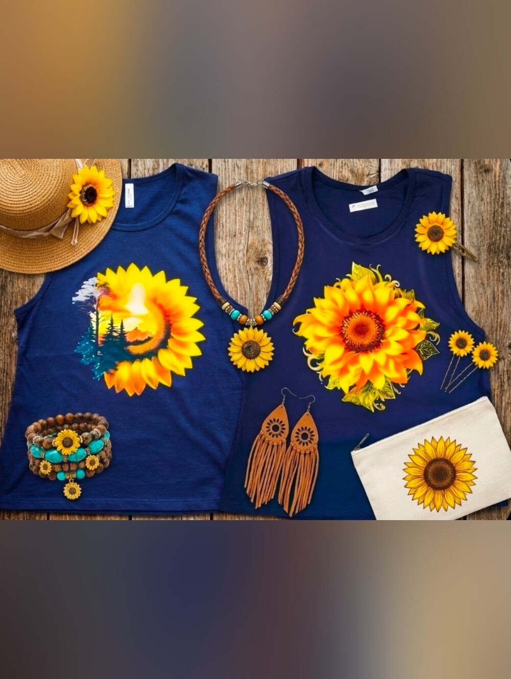 Two Sunflower Tanks Bundle | Rustic Nature Graphic Tops | Navy Blue Sleeveless